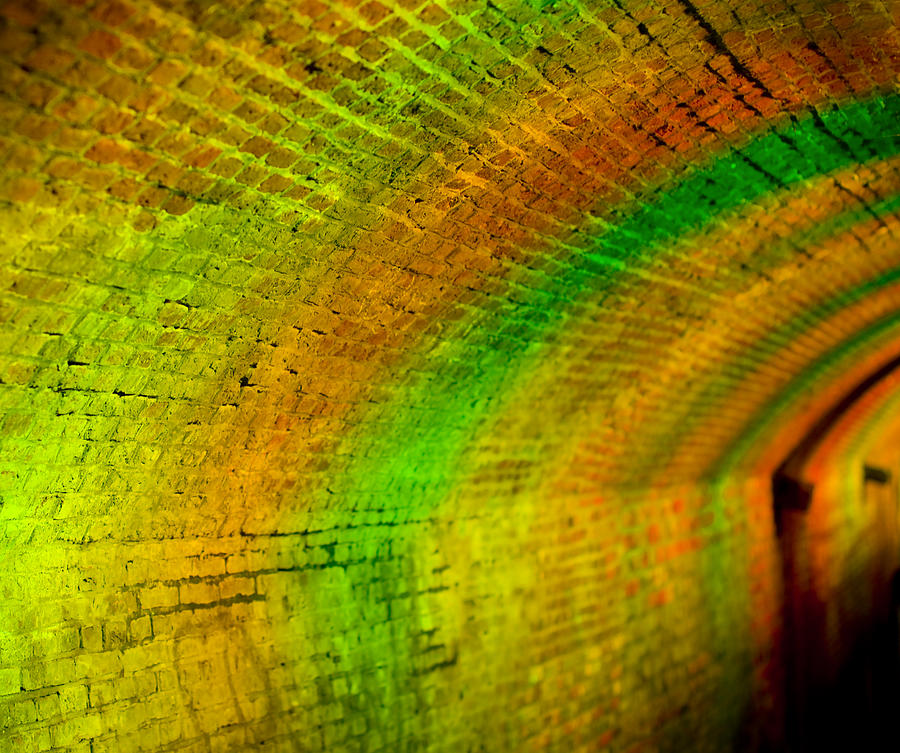 Defocussed orange and green lights at night in tunnel Photograph by Lyn Holly Coorg