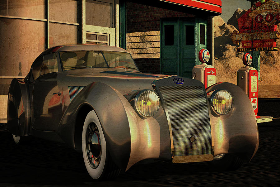 Delage D8 from1938 at a vintage gas station on Route 66 Digital Art by Jan Keteleer