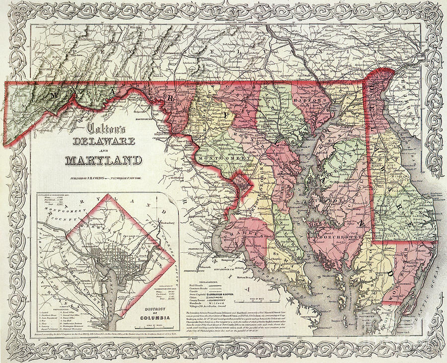 Delaware and Maryland Map, 1865 Drawing by G W Colton