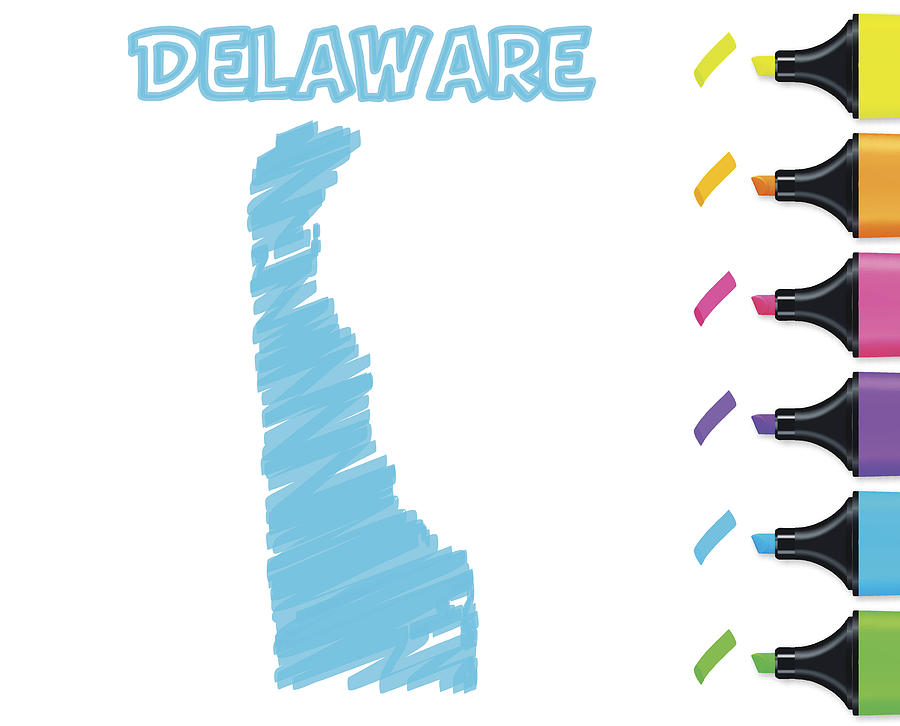 Delaware map hand drawn on white background, blue highlighter Drawing by Bgblue