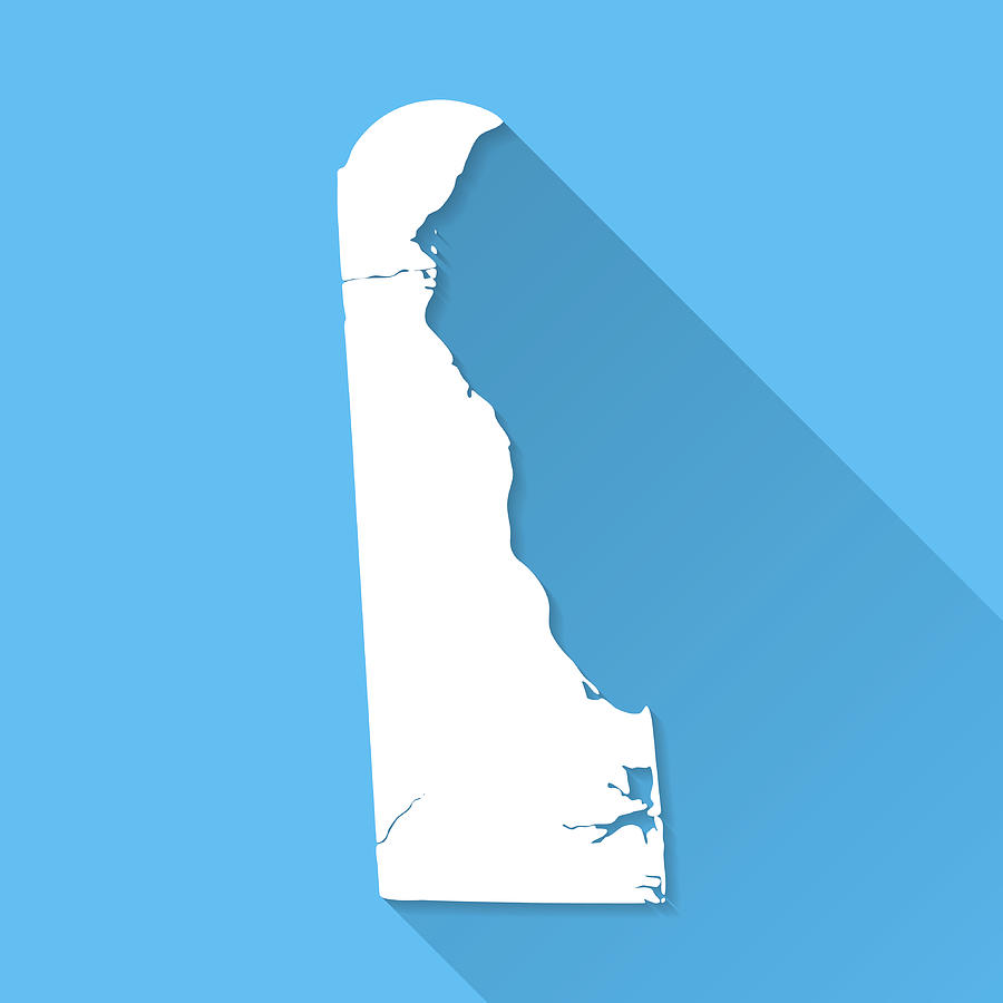 Delaware Map on Blue Background, Long Shadow, Flat Design Drawing by Bgblue