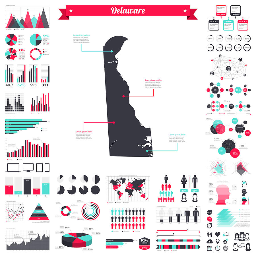 Delaware map with infographic elements - Big creative graphic set Drawing by Bgblue
