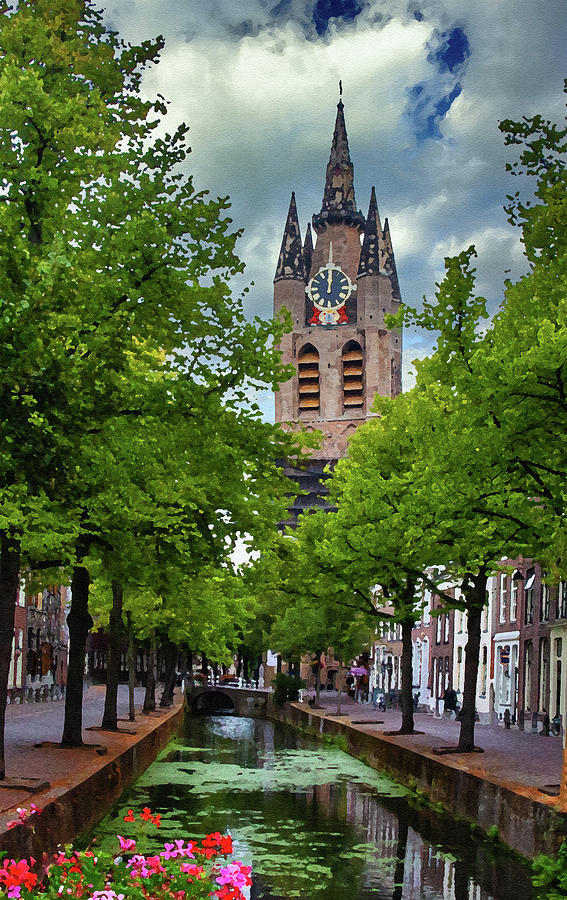 Delft Canal and Oude Kerke, Dry Brush on Sandstone Digital Art by Ron Long Ltd Photography