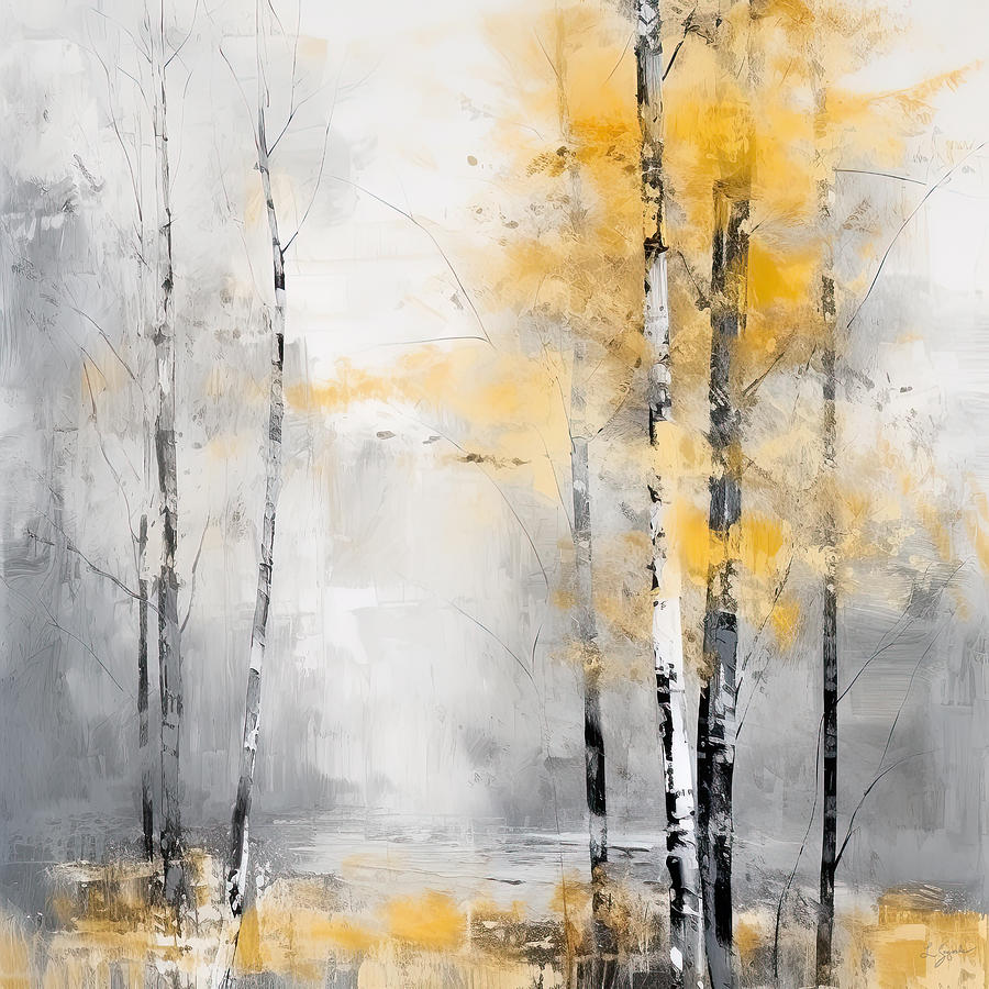 Delicate Beauty of Autumn - Yellow and Gray Paintings Painting by Lourry Legarde