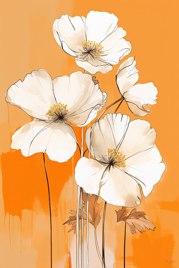 Delicate White Flowers against Orange Art Painting by Lourry Legarde