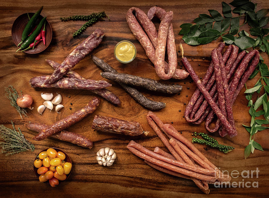 Delicatessen cold cuts german sausage selection on wood table Photograph by JM Travel Photography