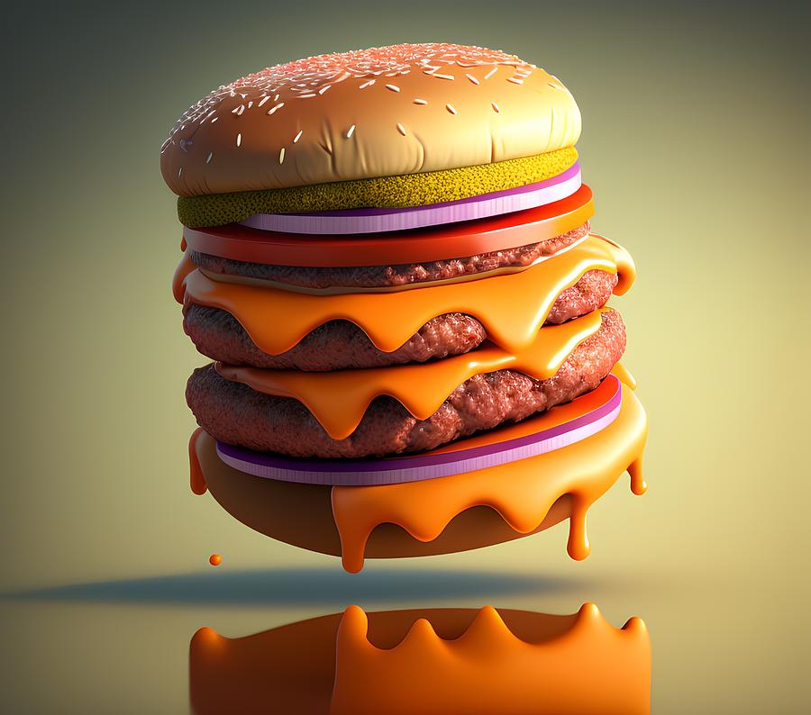 Delicious Floating Burger, Generative AI Illustration Digital Art by ...