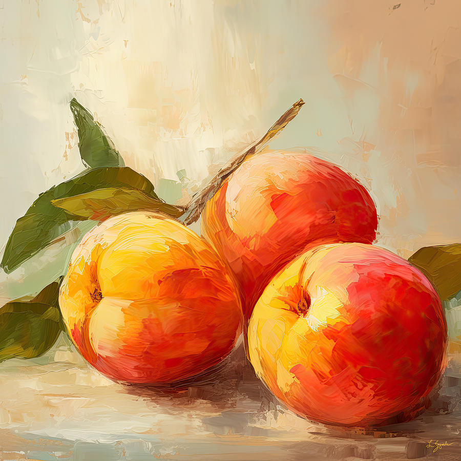 Peach Painting - Three Peaches - Peaches Art by Lourry Legarde