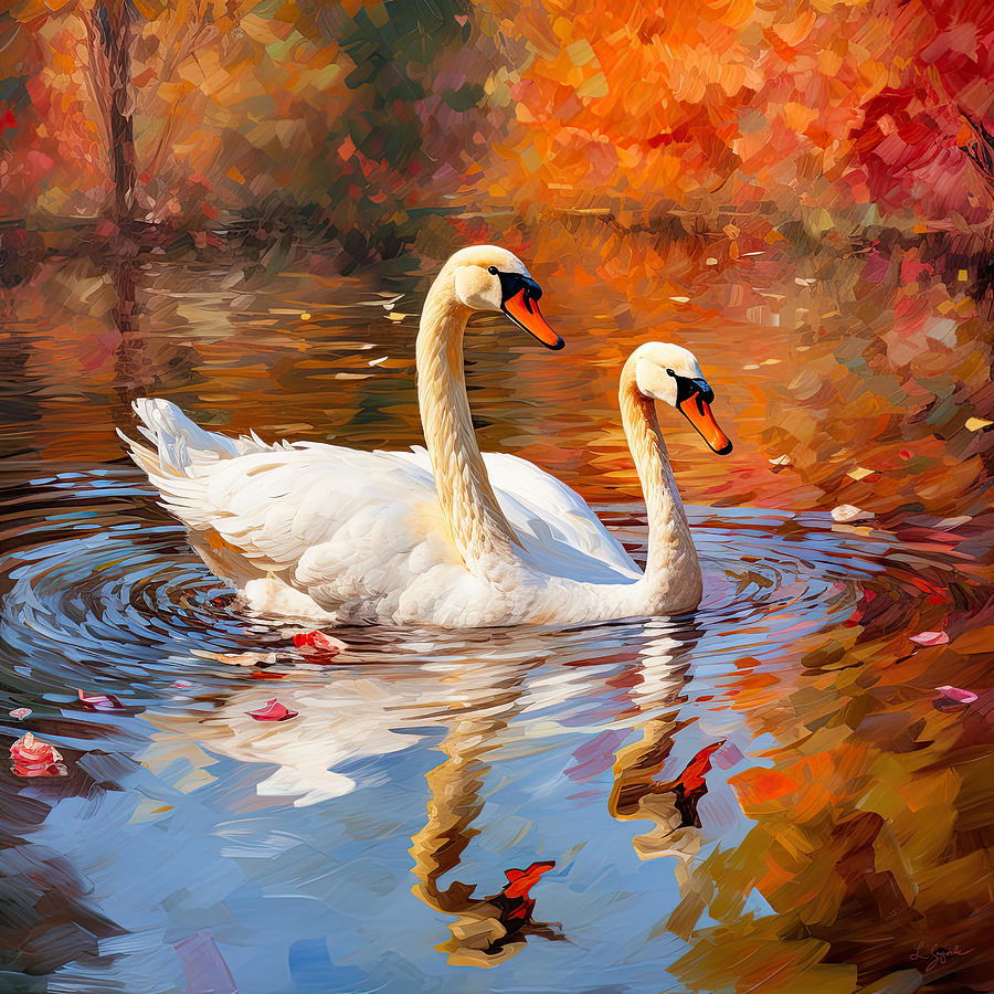 Swan Digital Art - Delightful Autumn by Lourry Legarde