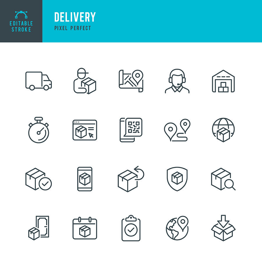 DELIVERY - thin line vector icon set. Pixel perfect. Editable stroke. The set contains icons: Delivery, Delivery Person, Delivery Truck, Package, Product Return, Warehouse, Support. Drawing by Fonikum