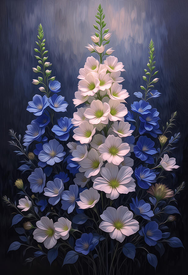 Vibrant Floral Bouquet Digital Art - Delphiniums Wall Art Floral Oil Painting by Vintage Wall Art