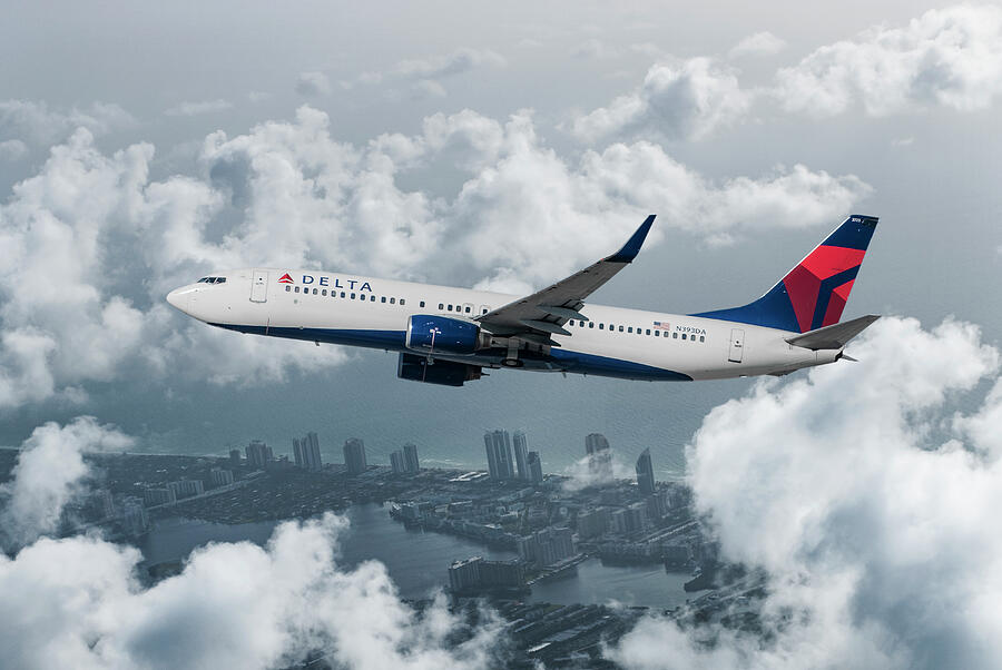 Delta Air Lines Boeing 737 over Miami Mixed Media by Erik Simonsen