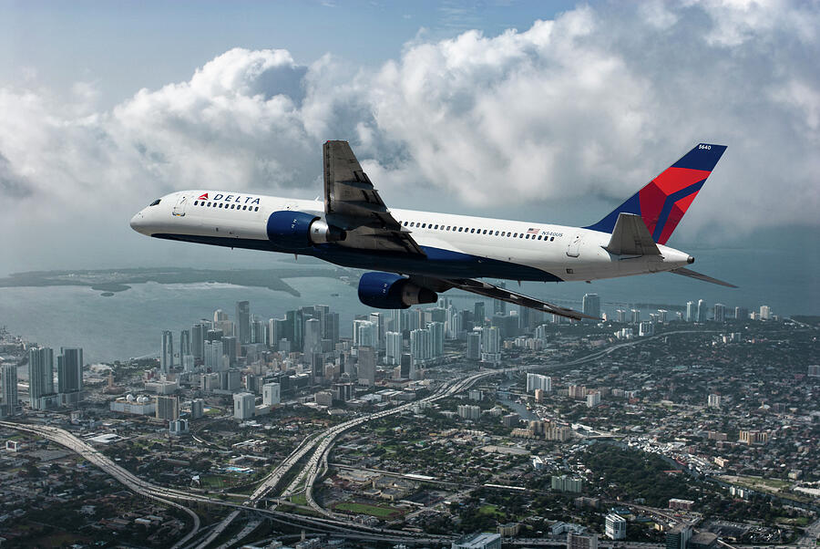Delta Air Lines Boeing 757 Over Downtown Miami Mixed Media by Erik Simonsen