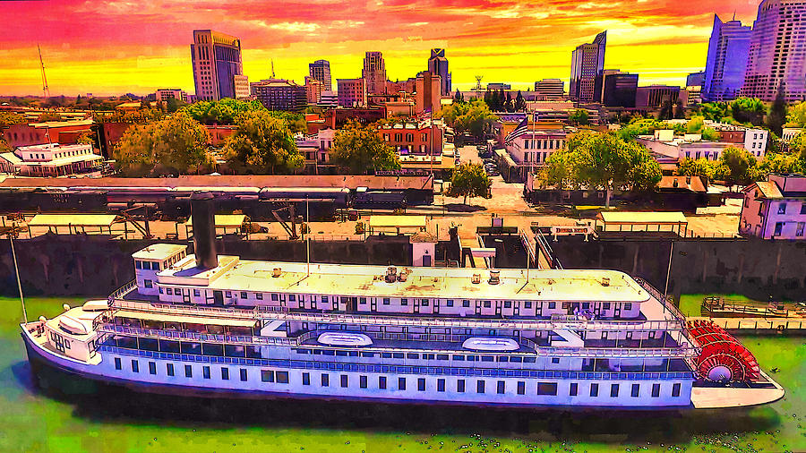 Delta King steamboat and the Sacramento skyline at sunrise - watercolor painting  Digital Art by Nicko Prints