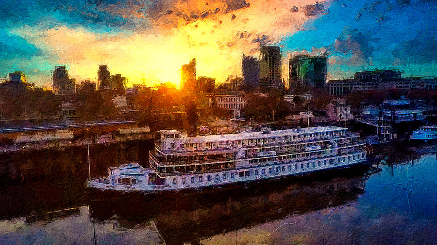 Delta King steamboat at sunrise on the Sacramento River - digital painting Digital Art by Nicko Prints