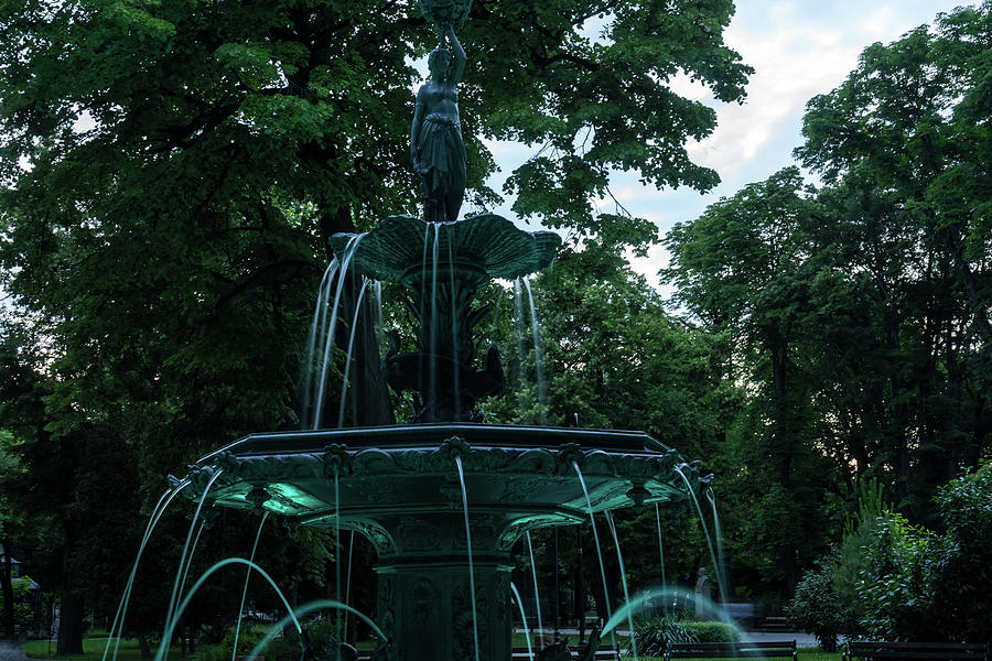 Demeter Fountain Plovdiv - Olympian Greek Goddess in Cool Emerald Light Photograph by Georgia Mizuleva