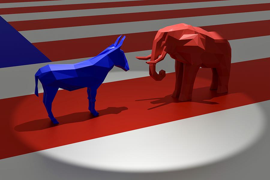 Democratic Blue Donkey and Republican Red Elephant in Spotlight on Top of American Flag Photograph by OsakaWayne Studios