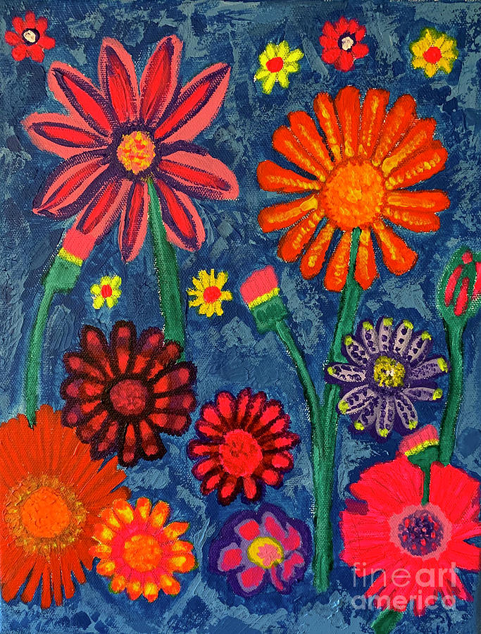 Denim Flowers Painting by Christine Perry