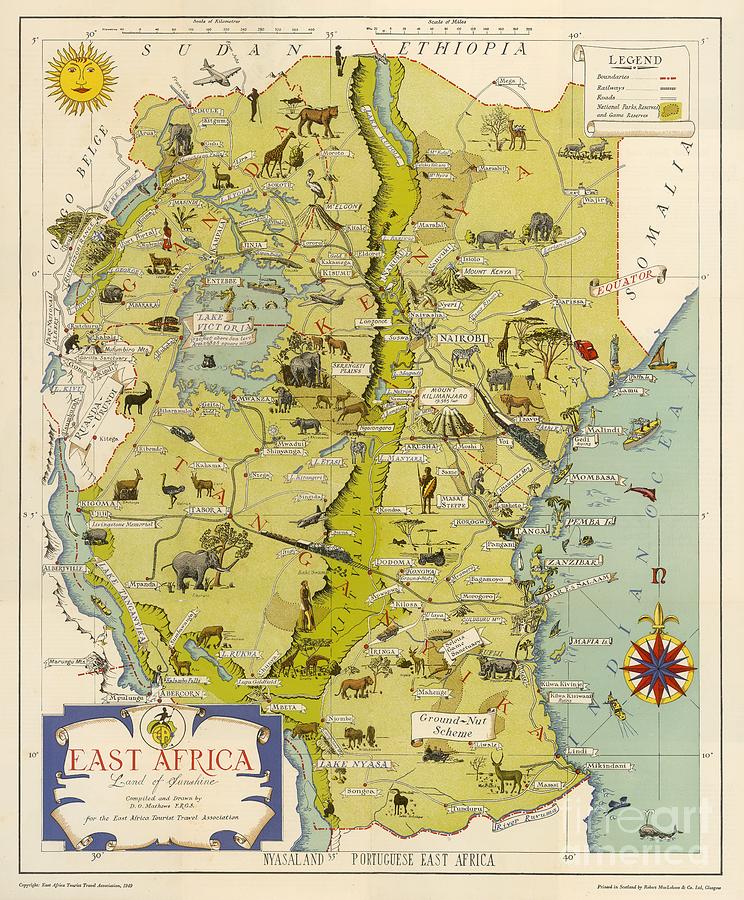 Dennis Owen Mathews - East Africa Tourist Travel Association - East Africa Land of Sunshine - 1949 Digital Art by Vintage Map