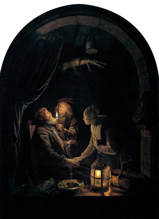 Gerrit Dou Painting - Dentist by Candlelight  by Gerrit Dou