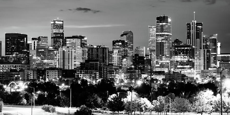 Denver City Skyline Panorama In Black And White At Dusk Photograph by Gregory Ballos