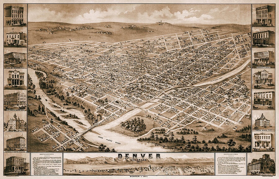 Denver Colorado Antique Map Birds Eye View 1874 Sepia Photograph by ...