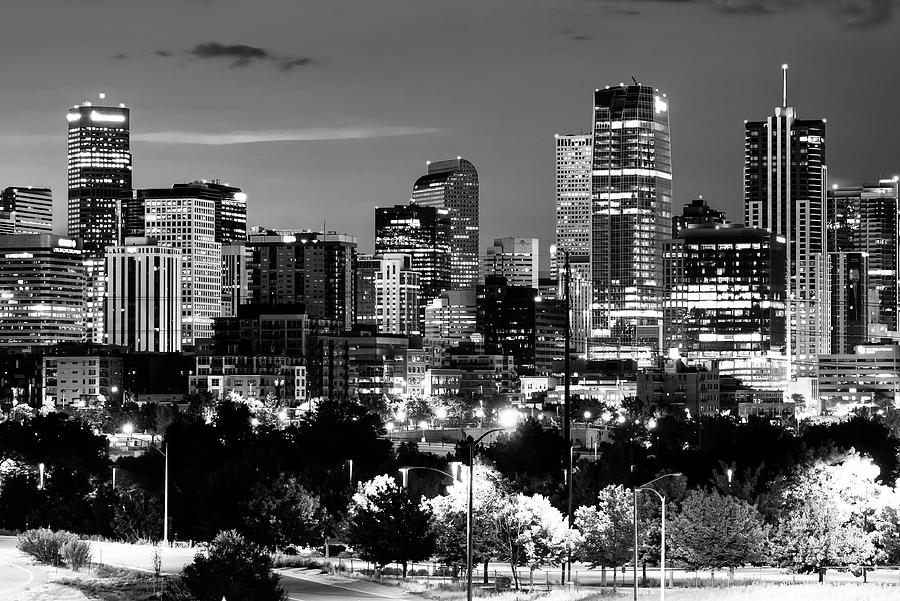 Denver Colorado Night Black And White Skyline Photograph by Gregory Ballos