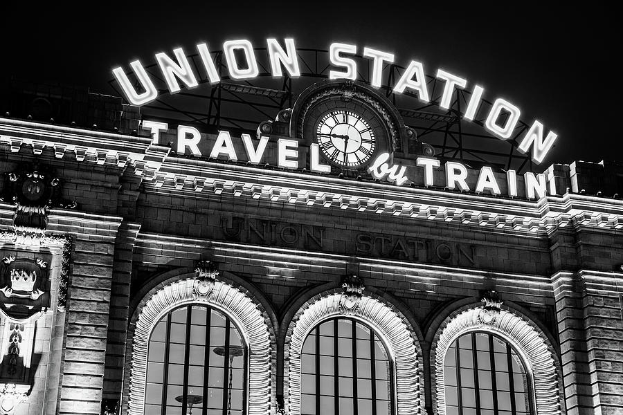 Denver Colorado Union Station At Night - Black and White Photograph by Gregory Ballos