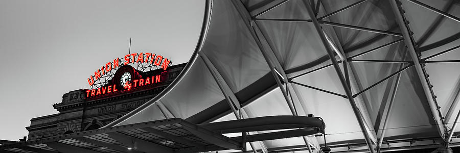 Denver Colorado Union Station Neon Panorama - Selective Color Photograph by Gregory Ballos