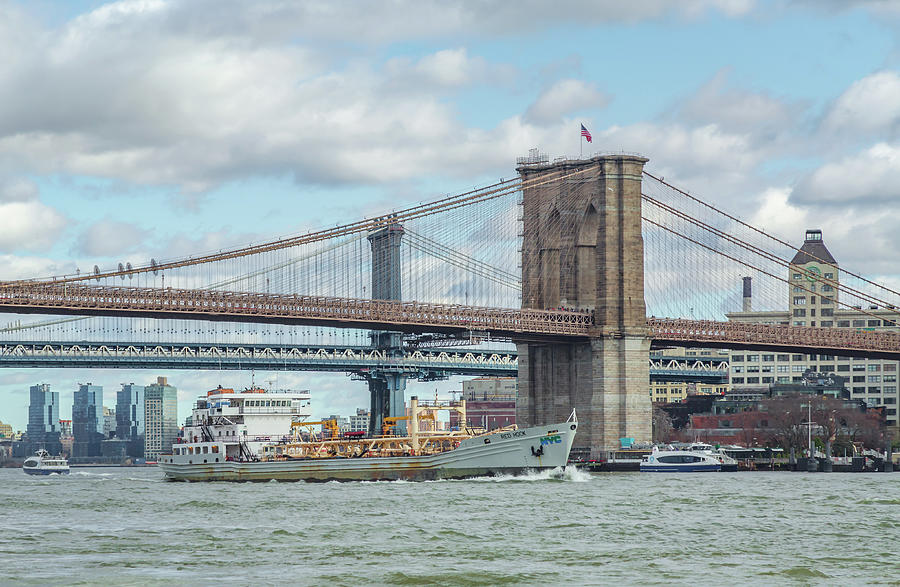 DEP Sludge Ship and Brooklyn Bridge Photograph by Cate Franklyn