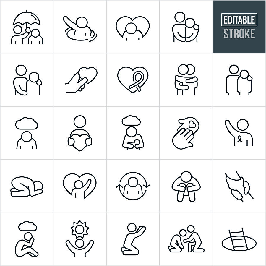 Depression and Anxiety Thin Line Icons - Editable Stroke Drawing by Appleuzr
