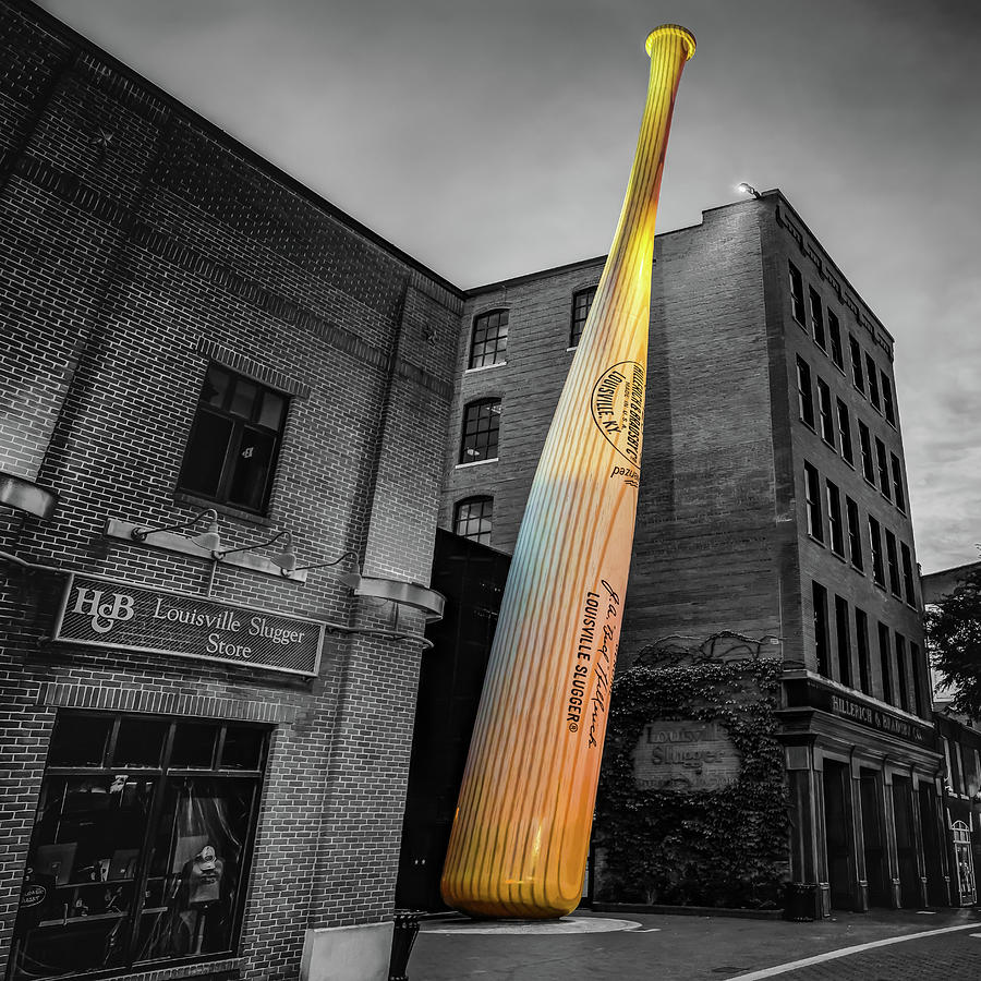 Black And White Photograph - Derby Citys Louisville Slugger Bat and Museum Building - Selective Coloring 1x1 by Gregory Ballos