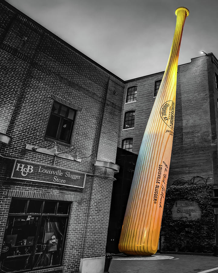 Black And White Photograph - Derby Citys Louisville Slugger Bat and Museum Building - Selective Coloring by Gregory Ballos
