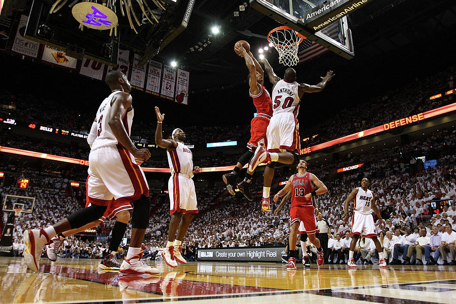 Derrick Rose, Joel Anthony, and Lebron James Photograph by Mike Ehrmann