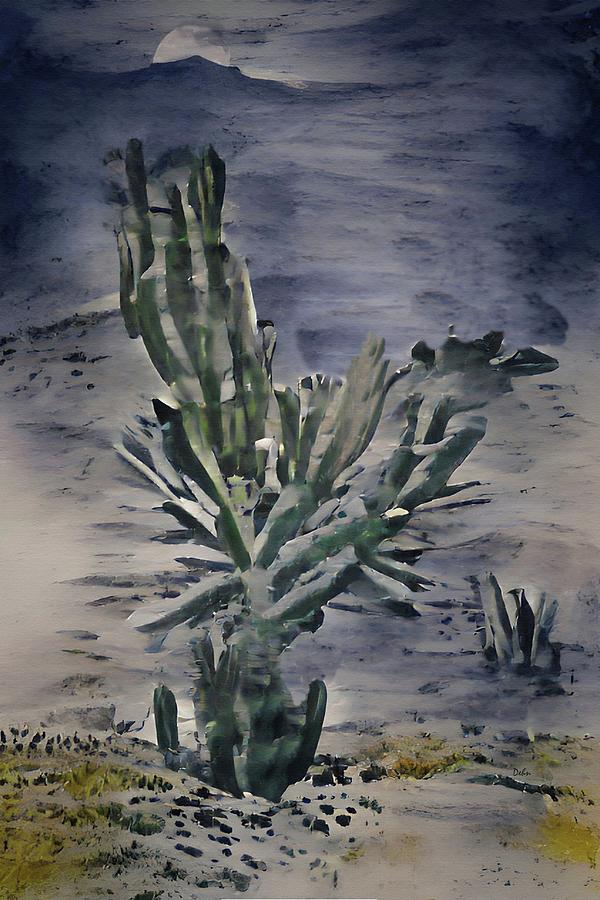Desert Cactus Moonlight Abstract Watercolor Painting by David Dehner