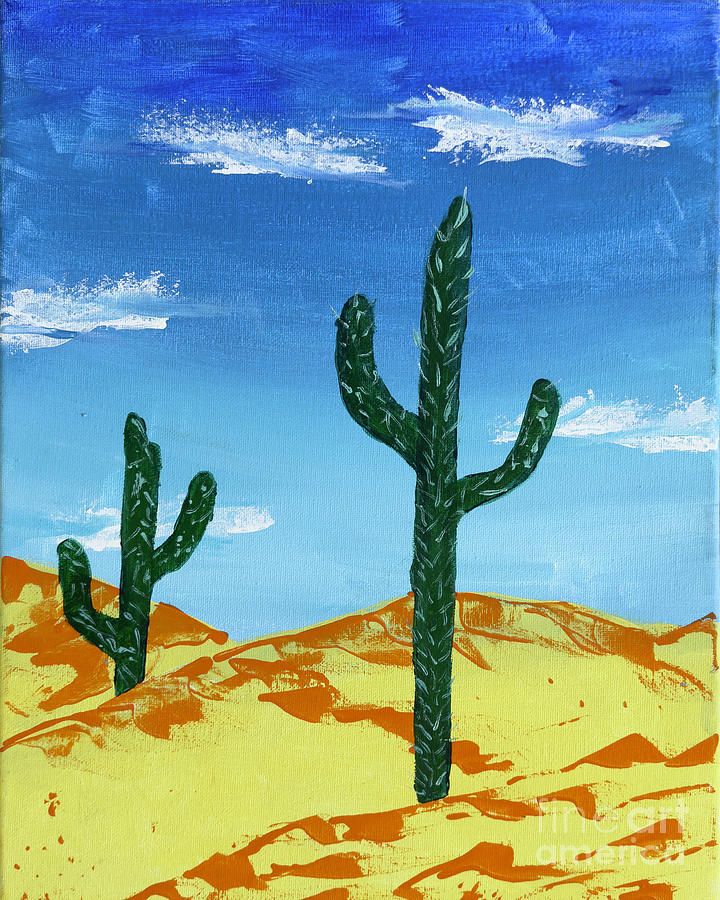 Desert Oasis - Towering Cacti in the Desert Landscape Painting by Djurdjina Jovanovic Desert Oasis - Towering Cacti in the Desert Landscape Painting by Djurdjina Jovanovic