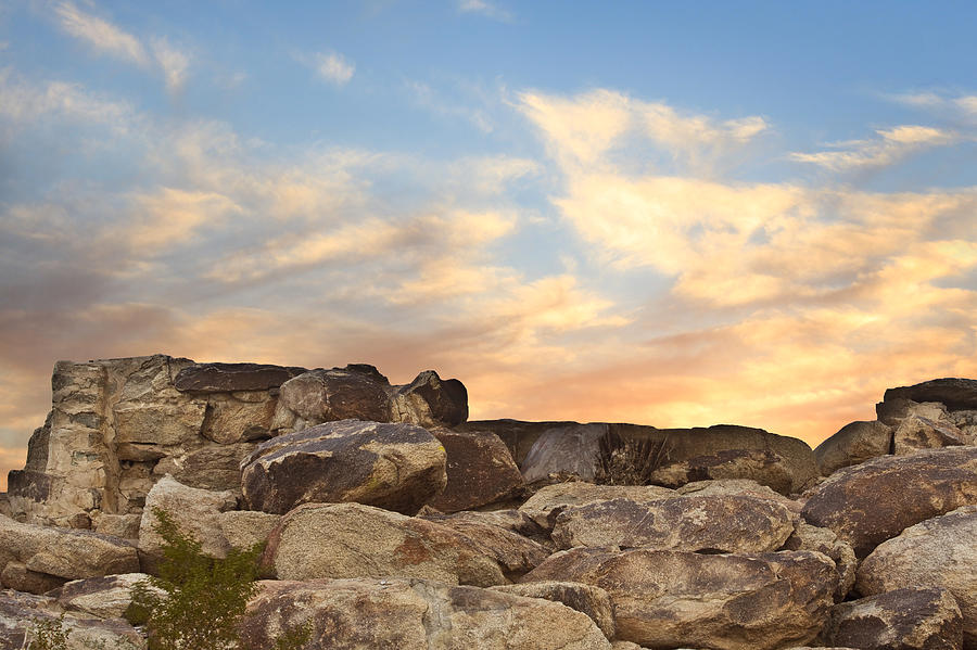 Desert Sunset Landscape with Boulders and colorful sky Photograph by Charles Harker