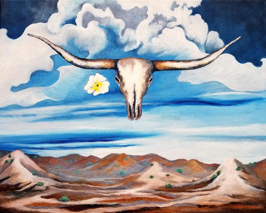 Desert Waves, Longhorn Skull Painting by Roseanne Schellenberger
