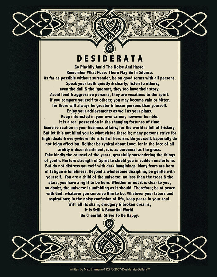 Desiderata Poem written by Max Ehrmann in 1927 -Celtic Cream Drawing by ...