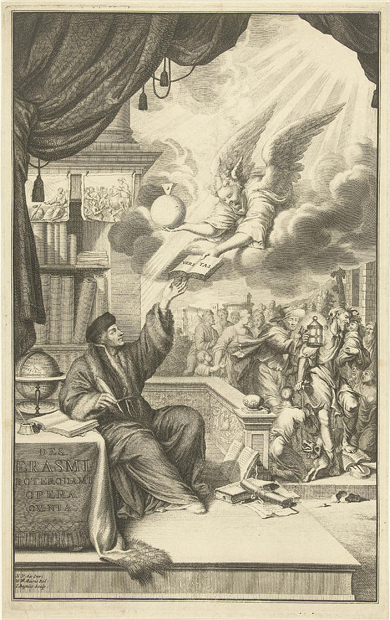 Desiderius Erasmus receives the book of truth Drawing by Jacobus Baptist