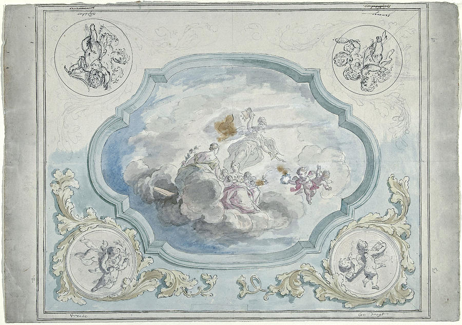 Design For A Ceiling Painting With Musicians And Putti With Flower Basket As Allegory To Blijdschap, Digital Art