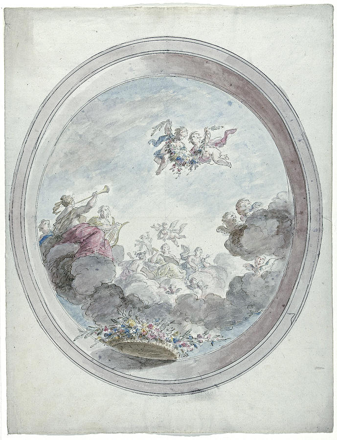 Design For A Ceiling Painting With Musicians Playing On Clouds, Dionys Van Nijmegen, 1715 - 1798 Digital Art