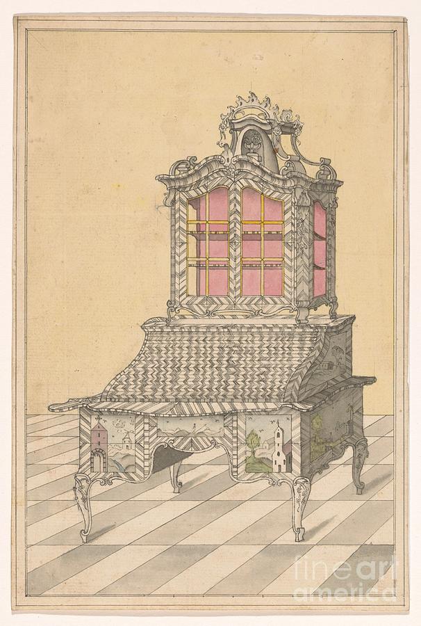 Device Painting - Design for a desk with a display case, decorated with marquetry of landscapes, anonymous, c. 1760 -  by Shop Ability