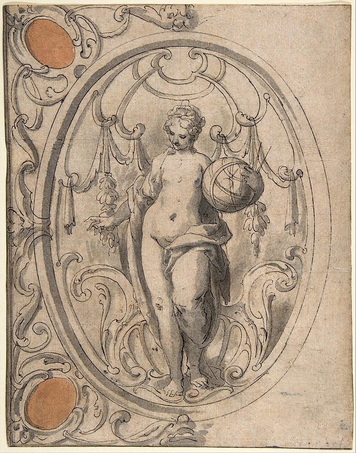 Design for an Ornamental Panel with the Figure of Astronomy Drawing by Johann Matthias Kager Design for an Ornamental Panel with the Figure of Astronomy Drawing by Johann Matthias Kager