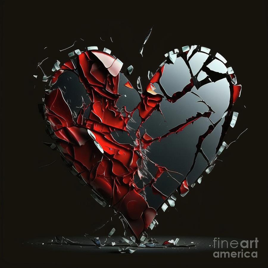 Design of a glass heart broken into pieces, isolated on black ba ...