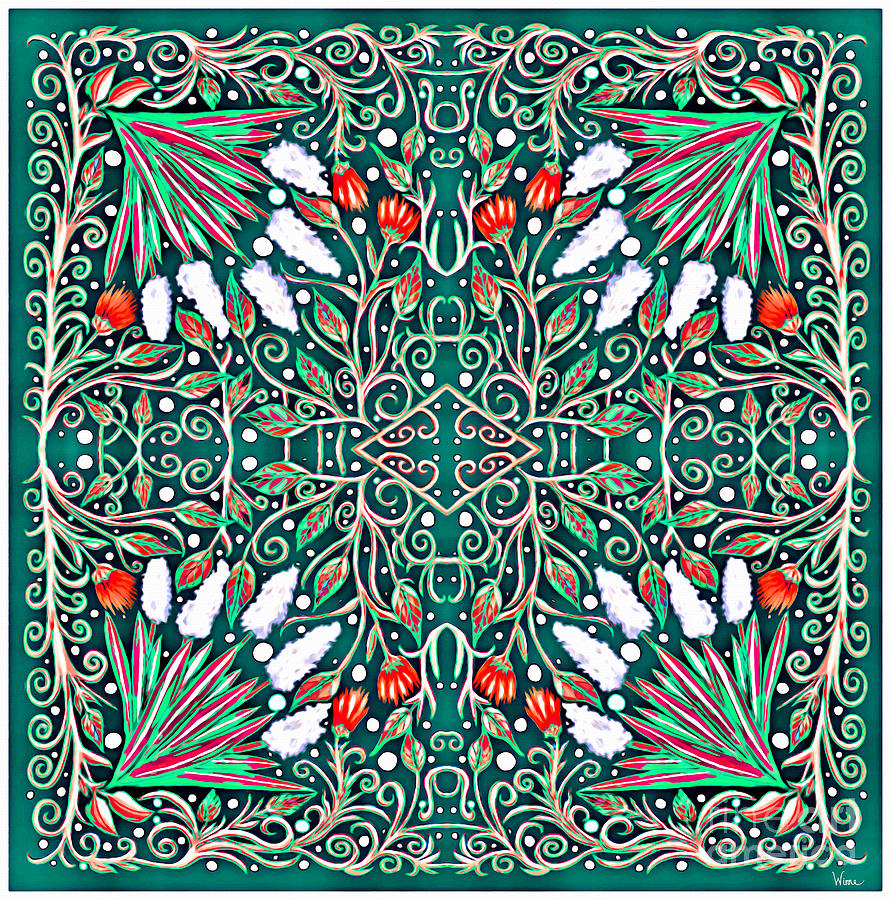 Design on a Dark Green Background with Changing Leaves and White and Red Flowers Mixed Media by Lise Winne