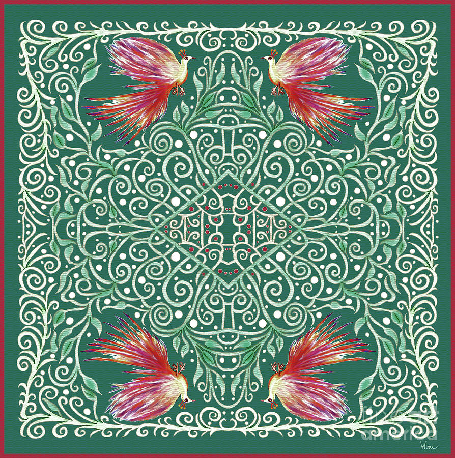 Design with Four Firebirds on a Green Background with Ornate Details Mixed Media by Lise Winne