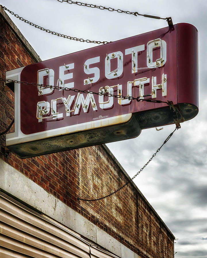 DeSoto-Plymouth Neon Sign - Route 66 - Carthage MO Photograph by Susan Rissi Tregoning