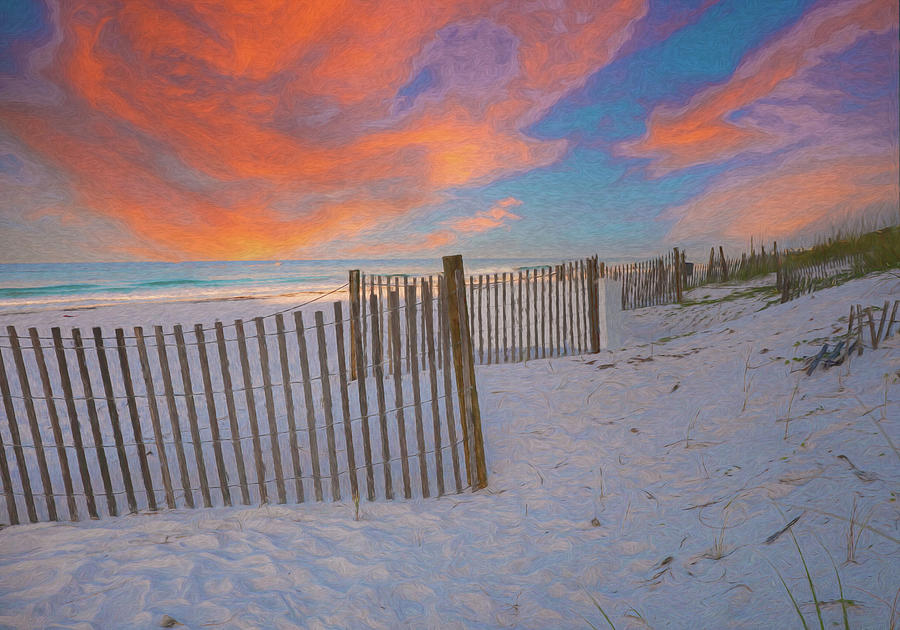 Destin Sand Dune Fence Sunrise Painting by Dan Sproul