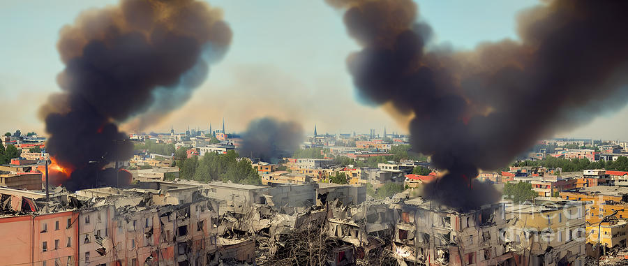 Sunset Digital Art - Destroyed and burning city by Viktor Birkus